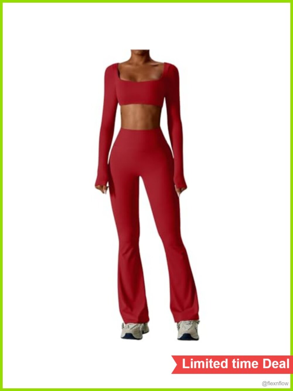 Women's 2 Piece Square Neck Long Sleeve Crop Top & High Waist Flared Leggings